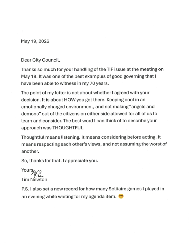 Scanned typed letter from Tim Newton to the City Council, dated May 19, 2026. Full transcript below.